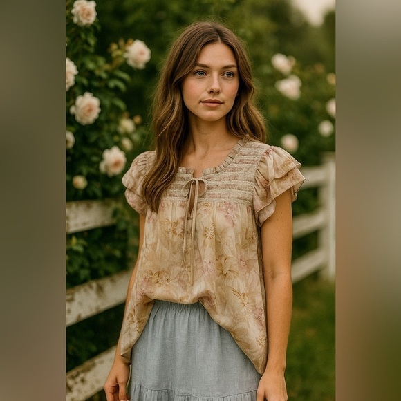 jacquie the label Tops - Bohme Jacquie the Label Floral Beige Women's Top Cottagecore Feminine Small